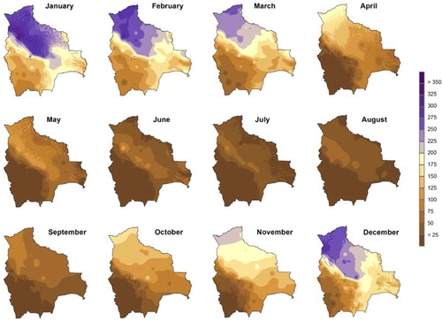 Figure 5. Spatial distribution of monthly precipitation (mm) obtained from regression-based modeling and local interpolation of residuals.
