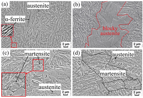 Figure 2. SEM micrographs of hot-rolled 1.5Al steels after quenching from different temperatures. (a) 1.5Al-600°C, (b) 1.5Al-650°C, (c) 1.5Al-700°C, (d) 1.5Al-750°C.