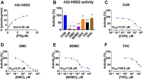 Figure 2. Michaelis-Menten kinetics, residual activity and dose response of curcumin analogues on human 3β-HSD2: Michaelis-Menton kinetics (A); Residual activity relative to the control (DMSO) at 100 µM curcumin analogues (B): Compared with the control, ** p < 0.01, *** p < 0.001 (n = 4, mean ± SEM); IC50 value of curcumin (CUR), demethoxycurcumin (DMC) and bisdemethoxycurcumin (BDMC), and tetrahydrocurcumin (THC) (C-F: n = 4, mean ± SEM).