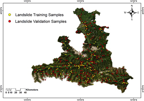 Figure 2. The GBA’s landslide inventory locations classified into training and validation data for the Province of Salzburg.