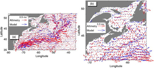 Fig. 8 Comparison of time-mean geostrophic currents from 2001 to 2004 calculated from the simulated (blue) and altimetry-derived (red) time-mean sea surface elevations (altimetry data from Higginson et al., Citation2011). The simulated results are calculated by (a) the PM over the Northwest Atlantic Ocean and (b) the CM over the eastern Canadian shelf from the Gulf of St. Lawrence to the Gulf of Maine. Velocity vectors are plotted at (a) every third PM grid point and (b) every sixth CM grid point.