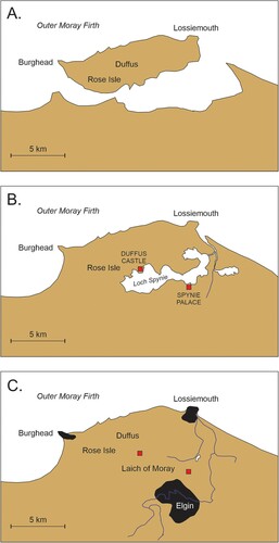 Figure 6. Changing landscapes of the Burghead-Lossiemouth area, northeast Scotland. A: Plausible reconstruction of the coastline of the area when sea level was 5-10 m lower, possibly around the time of early Norse arrival. B: Medieval geography showing Loch Spynie (after Stratigos, Citation2020, Citation2018). C: Modern geography showing the Laich of Moray and major towns.