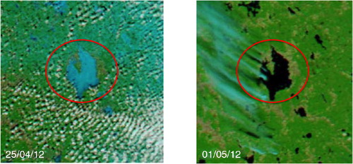 Fig. 7 MODIS-Aqua visible images over Lake Lappajärvi on 25 April (left, 8:30–12:10 UTC) and 1 May (right, 9:50–11:30 UTC), 2012.