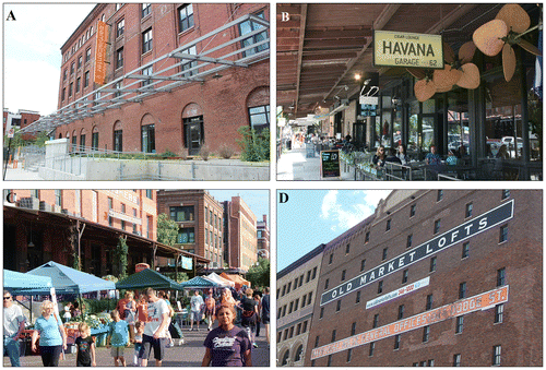 Figure 1. Like many creative–cultural districts (CCDs), The Old Market in Omaha, Nebraska, is comprised primarily of repurposed warehouses and other formerly industrial spaces. The neighbourhood is a hotbed of creative–cultural production and consumption as evidenced by (A) artist studios and live–work units (pictured is the Bemis Center for Contemporary Arts), (B) pedestrian-oriented spaces and a lively café culture, (C) informal street festivals and markets, and (D) a variety of renovated urban lofts and apartments.