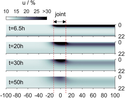 Figure 5. Moisture distributions at times 6.5, 20, 30 and 50 h, respectively, with wetting assigned to x≥−11. Lengths are given in units of (mm).