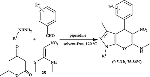 Scheme 35. (E)-N-Methyl-1-(methylthio)-2-nitroethenamine (NMSM) as an ambiphilic synthon for the synthesis of pyrano[2,3-c]pyrazoles.