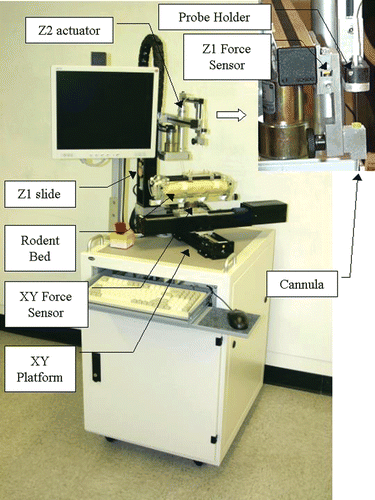 Figure 1. Robot system. Inset: Close-up view of end-effector showing cannula (driven by Z1) and probe attached to probe holder (driven by Z2). [Color version available online.]