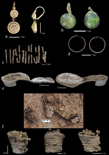 Figure 3. Objects found next to the bodies of female victims from the mass graves of the cemetery of Fregenal de la Sierra (a) Gold earring; (b) Earrings; (c) Hairpins (d) Earrings (e) high-heeled shoes (f) high-heeled shoes