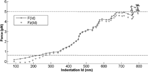 Figure 5. Force-indentation curve for total force F, and the vertical force Fz. The dashed lines define the force range where the fit is applied.