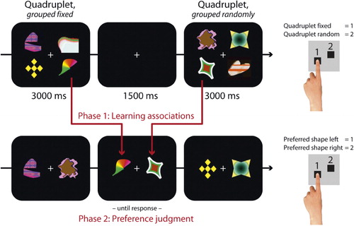 Figure 1 Experiment 1 consisted of two parts. In the first part (top), participants learned associations for arbitrary visual shapes. Fifty percent of those shapes were always grouped in the same quadruplet, and presented on the same spatial position, and 50% were randomly grouped together. The training consisted of 320 trials in total. There were 20 repetitions for each single shape in the non-associative condition, and 20 repetitions for each single shape in the associative condition. In the second part (bottom), participants were asked to choose which of two shapes they prefer, where one of those shapes had previously been associated with other shapes, and the other had only occurred in random groupings.