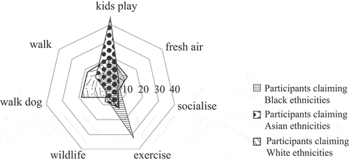 Figure 8. Reason to go to Croydon’s parks: Relative weightings, for participants claiming Black ethnicities (Black British 26, Black British African 18, Black British Caribbean 28), Asian ethnicities (British Asian 13, British Asian Indian 8, British Asian Bangladeshi 1, other Asian ethnicity 1), White ethnicities (White British 33, White Irish 5, White other 14) Croydon, 2017.