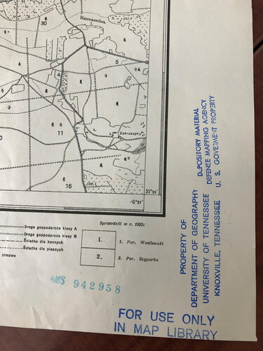 Figure 7. Stamps documenting the chain of ownership by the Army Map Service, the Defense Mapping Agency of the U.S. Government, and the University of Tennessee, Knoxville.