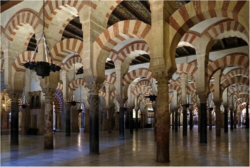 Figure 4. The Mosque-Cathedral of Córdoba (785–1607), view from the al-Manṣūr extension towards the previous areas, photographed by Kallerna, 2021, CC BY-SA 4.0, Wikimedia Commons