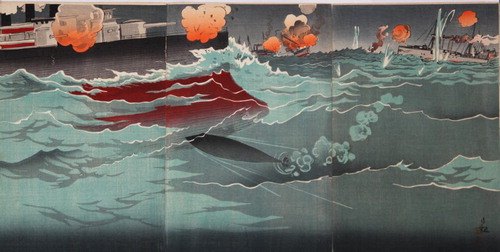 Figure 6. Kobayashi Kiyochika. 1904. Our Torpedo Hits a Russian Warship in the Great Naval Battle of Port Arthur. Woodblock triptych. 14 × 27 inches. Author’s collection.