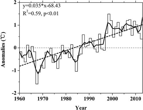 FIGURE 5. Anomalies of mean annual air temperature from its long-term (1971–2000) mean in the Heihe River Basin from 1960 to 2013. The thick black dashed line is the linear trend during the study period. The thick black line is the smoothing average.