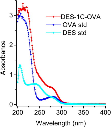 Figure 4. Ultraviolet absorbance spectra for DES, OVA and DES-1C-OVA.