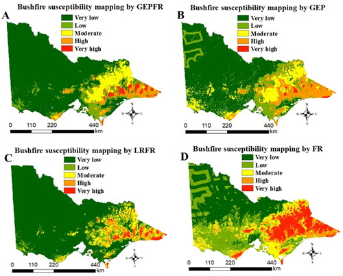 Figure 7. Bushfire susceptibility maps by (A) GEPFR, B) GEP, (C) LRFR, and (D) FR. The increasing probability of bushfire is represented on spectrum from dark green (very low) to red (very high).