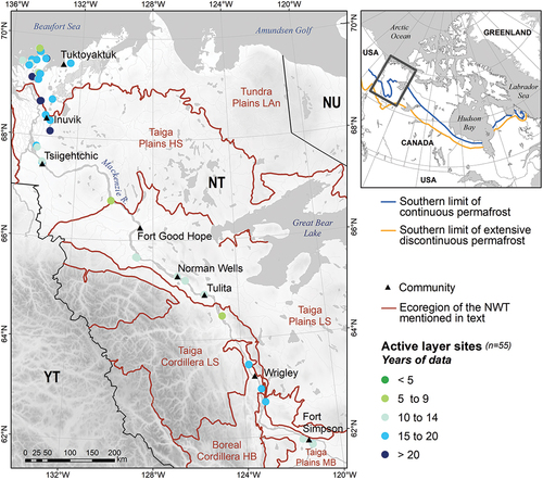 Figure 1. Site map with active layer monitoring sites. Sites are located both above and below treeline and monitor active layer thickness over both continuous and discontinuous permafrost. Sites with the longest records are located in the northern and southern ends of the delta. Permafrost zones from Heginbottom, Dubreuil, and Harker (Citation1995) and ecoregion boundaries from Ecosystem Classification Group (Citation2007, Citation2010, Citation2012).