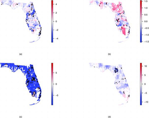 Figure 2. Spatial log relative risks ρz∣r for (a) African American, (b) Caucasian, (c) Other, and (d) unknown race. The black solid lines indicate a wombling boundary (i.e., regions of high rates of change).