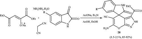 Scheme 38. Diethyl oxalacetate sodium salt as a reagent for the synthesis of spiro[indoline-3,4'-pyrano[2,3-c]pyrazoles].