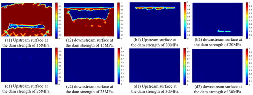 Figure 10. Damage distribution of artificial dam on upstream and downstream surface at different dam strength.