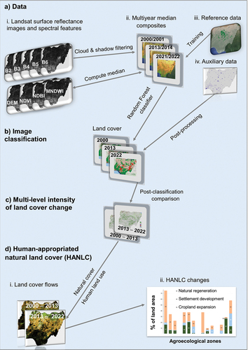Figure 2. Workflow. a) Input data, i–ii. Preprocessing of images and multiyear composites — Surface reflectance median bands, Normalized Difference Vegetation Index (NDVI), Modified Normalized Difference Water Index (MNDWI), Normalized Difference Built-up Index (NDBI), iii. Reference datasets used for training and validation, iv. Auxiliary data for post-processing land cover maps for misclassified settlements and wetlands. b) Image classification of land cover with Random Forest classifier for 2000, 2013, 2022. c) Intensities of land cover change computed at the interval and category levels for 2000–2013, 2013–2022. d) Human-appropriated natural land cover (HANLC), i. Land cover flows between natural land cover types and human activity-related land-uses, ii. Estimates of HANLC changes by agroecological zones.