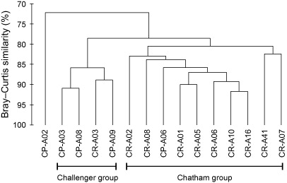 Figure 3 Dendrogram of meio-faunal taxonomic composition based on Bray–Curtis similarity of log(x + 1) transformation of mean taxa abundance. Site groupings based on 80% Bray–Curtis similarity (and confirmed by SIMPROF) are indicated at the bottom.