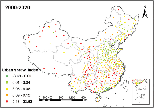 Figure 3. The values of urban sprawl index (USI) of 315 cities in China during 2000 ~ 2020.