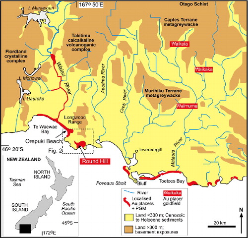Figure 1 Location map for principal occurrences of placer gold in the southern South Island, showing the western gold (and PGM) transport pathway (this study) from Waiau River to Foveaux Strait, and the eastern gold transport pathway in the Mataura River catchment. Principal basement rock types relevant to this study are indicated.