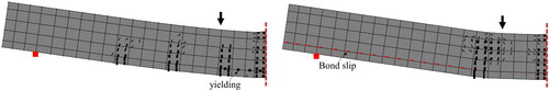 Figure 9. Crack patterns in corroded beam B116 at flexural failure (left) and at bond-slip failure (right).