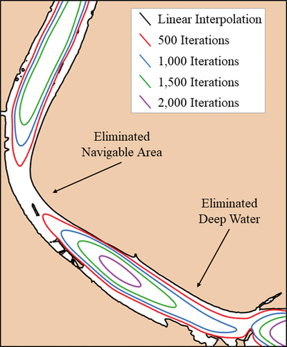Figure 11. Displacement of the 0-meter depth contour from shoal-bias smoothing of the Savannah River bathymetry.