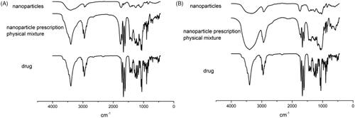 Figure 3. Infrared spectrogram of PLGA nanoparticles and 2-HP-β-CD/PLGA nanoparticle complexes (A: PLGA nanoparticles; B: 2-HP-β-CD/PLGA nanoparticle complexes).