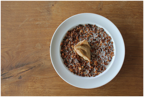 Figure 8. Honey bee larvae granola, developed at the Nordic Food Lab: oats, seeds of sunflower, pumpkin and flax, coated in a blended mixture of bee larvae and honey and baked until golden brown, with whole dried larvae and pupae added at the end for texture and flavor.