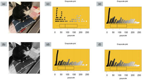 Fig. 4 The color and grayscale photos used for the demonstration and examples of the four grayscale distributions generated using increasing sample sizes.