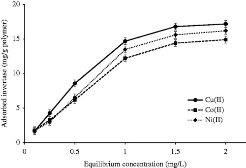 Figure 4. Effect of equilibrium concentration of invertase on the adsorption capacity. Flow rate: 0.5 mL/min pH 5.0; T: 25 °C.