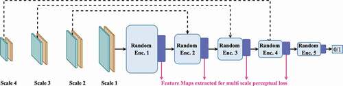 Figure 4. Discriminator model. The solid black lines and the dotted lines denote forward propagation and skip connections, respectively. The skip connection inputs are concatenated with the forward propagating feature map prior to being processed by the next layer. The pink lines show the extraction of multi-scale feature maps.