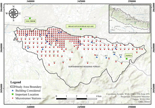 Figure 3. Microtremor measurement station in 200 × 200 m and 400 × 400 m grid spacing and location of building considered. B = building.