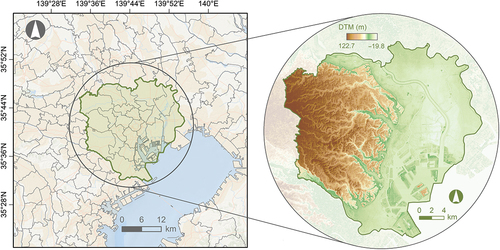 Figure 1. Location of the study area (outlined by the green line) and its digital terrain model (DTM) derived from airborne LiDAR data. The gray lines indicate administrative boundaries.