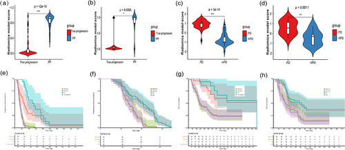 Figure 5. Prognostic performance of radiomics models for predicting response to immunotherapy. The difference in radiomics model scores between the training set (a) and the testing set (b) in the PP group, and between the training set (c) and the testing set (d) in the HPD group. (e) Kaplan – Meier analysis of progression-free survival was performed according to the binary radiomics model score for patients with PP and true progression. (f) Kaplan – Meier analysis of progression-free survival was performed according to the binary radiomics model score for patients with HPD and PD. (g) Kaplan – Meier analysis of overall survival was performed according to the binary radiomics model score for patients with PP and true progression. (f) Kaplan – Meier analysis of overall survival was performed according to the binary radiomics model score for patients with HPD and PD.
