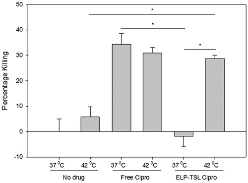 Figure 6. Percentage killing of methicillin-resistant S. aureus (MRSA) treated with Cipro loaded ELP-TSL at 37 °C and 42 °C. ELP-TSL (DPPC:DSPC:Cholesterol: 75:25:15 molar ratio); in combination with mild hyperthermia significantly improved killing of MRSA compared to 37 °C. Cipro alone demonstrated similar efficacy at 37 °C and 42 °C since the free drug was freely available to the bacteria.
