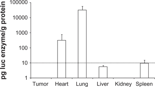 Figure 1 Luciferase reporter gene expression in vivo. After three consecutive daily tail vein injections of DOTAP/chol/DNA lipoplex (A-0*) in nude mice organs were sampled on the fourth day and assayed for luciferase activity, n = 4. Assay background was at 10 pg luc/g protein (indicated with dotted line).