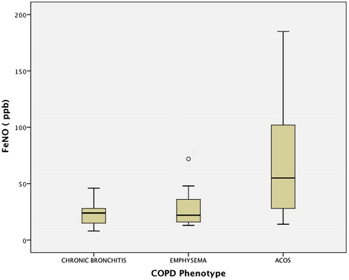 Figure 4. Distribution of FeNO levels according to clinical phenotypes (chronic bronchitis, emphysema, ACOS).