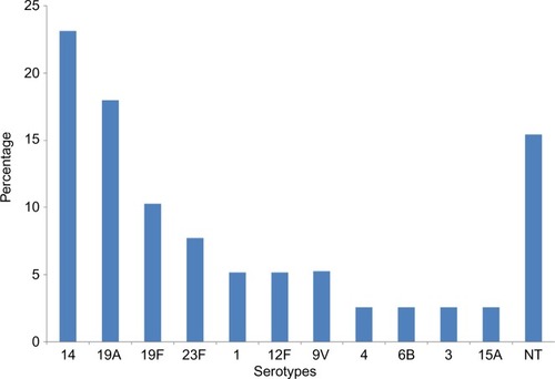Figure 4 Percentage distribution of 31 MDR serotypes of invasive pneumococcal isolates.Abbreviations: MDR, multidrug resistant; NT, not determined.