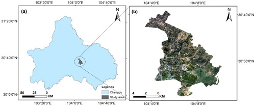 Figure 2. Location of the study area: (a) Chengdu boundary; (b) the remote sensing image of the Jinjiang district with a 4 m resolution ratio.