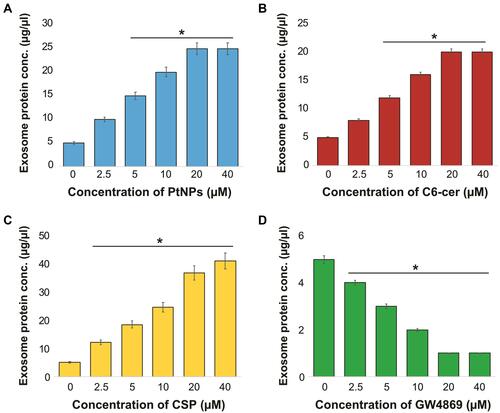 Figure 7 Dose-dependent effect of PtNPs, C6-cer, CSP and GW4869 on total protein concentration of isolated exosomes. A549 cells were treated with various concentrations of (A) PtNPs (2.5–40 µM), (B) C6-cer (2.5–40 µM), (C) CSP (2.5–40 µM) and (D) GW4869 (2.5–40 µM) in Opti-MEM for 24h. Total protein concentration of isolated exosomes were determined by bicinchoninic acid (BCA). The results are expressed as mean ± standard deviation of three independent experiments. The treated groups showed statistically significant differences from the control group by the Student’s t-test; *p < 0.05 was considered significant.