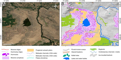 Figure 3. (A) Satellite imagery (ESRITM, DigitalGlobe) and (B) glacial geomorphological mapping comparison (contour lines interval: 30 m) of two-closely-spaced, well-defined terminal moraine complexes located in the Río Corcovado valley, to the east and southeast of the Arroyo El Fango headwaters. Despite being closely-spaced, the two moraine complexes are separated in most parts by a distinct proglacial outwash plain deposit which suggests that the innermost moraine complex represents a younger re-advance or still-stand of the Río Corcovado outlet glacier. See Figure 2 for location.
