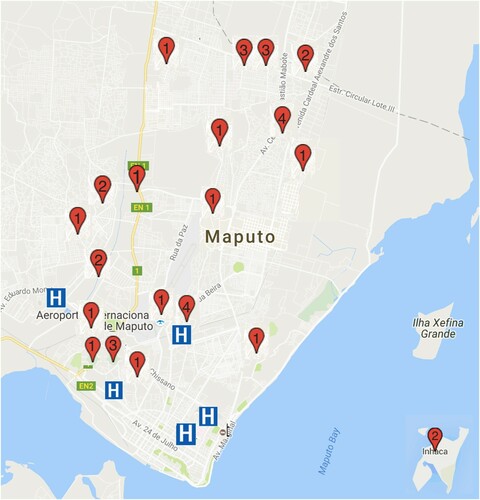 Figure 1. Map of participant practice locations around Maputo City.Note: Red pin locations and numbers indicate location and number of participants from this neighbourhood. Blue ‘H’ demonstrates location of hospital. Map Data: © 2016 Google. The street map and hospital locations are freely available on maps.google.com. Permission was not required to reproduce this map image.
