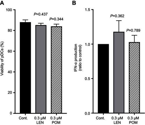 Figure S1 Clinical concentrations of pomalidomide sustained IFN-α production by human plasmacytoid dendritic cells. Purified plasmacytoid dendritic cells (pDCs) were incubated for 24 h with 0.3 µM lenalidomide (LEN), 0.3 µM pomalidomide (POM), or vehicle in the presence of 3 µM CpG-ODN 2216. (A) Viable cells were quantitated by annexin V staining using flow cytometry. Percentages of annexin V-positive cells are indicated. (B) The concentrations of IFN-α in culture supernatants were measured by ELISA. The data were normalized to the value obtained from cells treated with vehicle control. The mean (range) of absolute concentrations of CpG-ODN 2216 + vehicle control was 26,745 pg/mL (19,887–46,814 pg/mL). Data are shown as means ± SEMs of five independent donors (A and B). Statistical significance was determined using paired Student’s t-tests; p-values were calculated for each concentration of LEN or POM versus vehicle control.