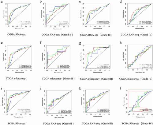 Figure 4. Diagnostic potential of HOXA4 expression in glioma. Results of analyzing the CGGA RNA-seq dataset (a-d), CGGA microarray dataset (e-h), and TCGA RNA-seq dataset (i-l).