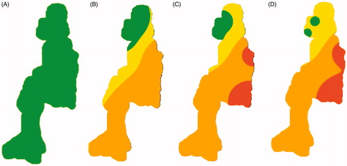 Figure 4. Forest fire risk area in medium emission scenario A) current B) Near C) Mid D) End term (green, yellow, gold and red color shows low, moderate, high and very high forest fire risk respectively).